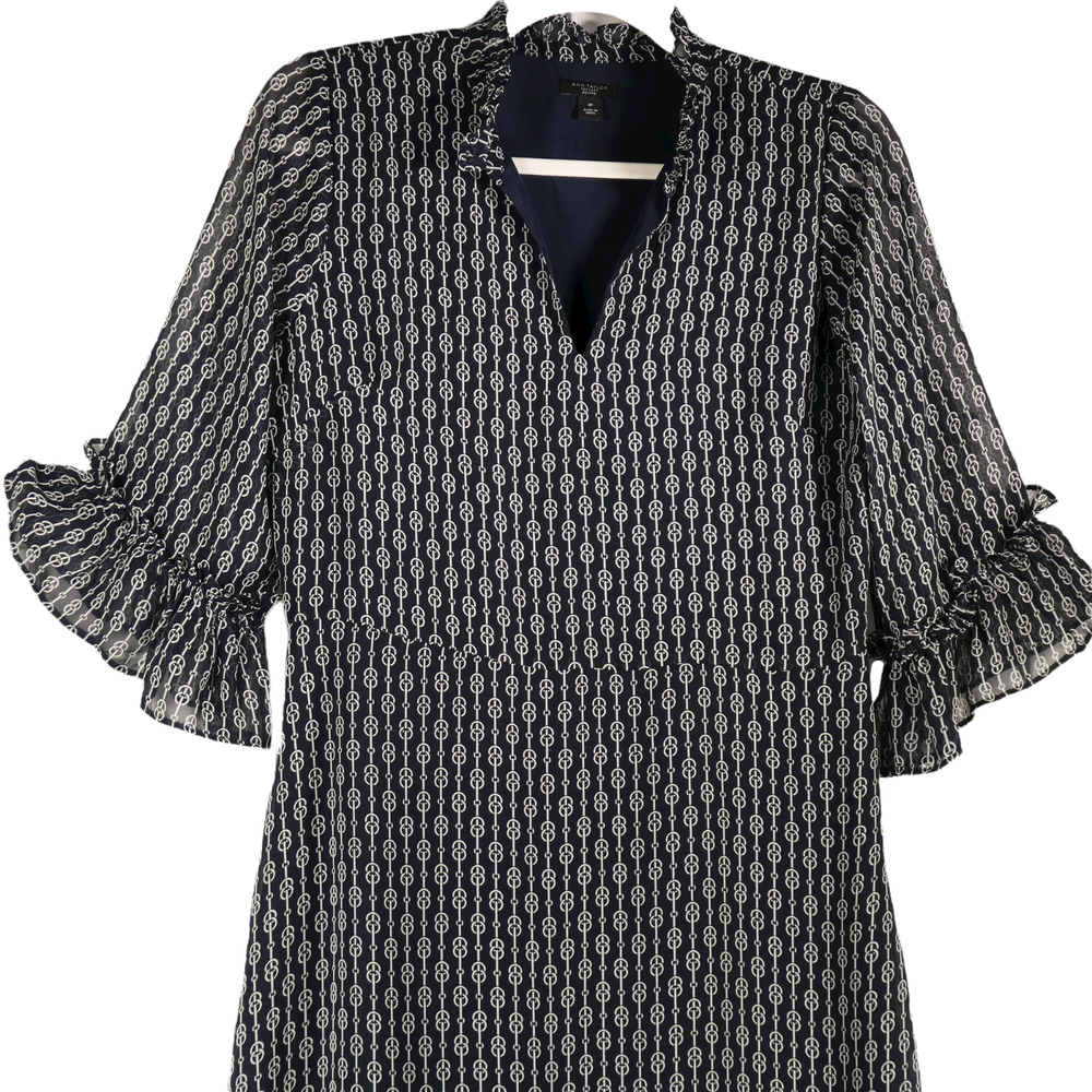 Ann Taylor Blue White Shift Dress 8P Petite Horse Artsy Bridle Pattern Career - Picture 2 of 5